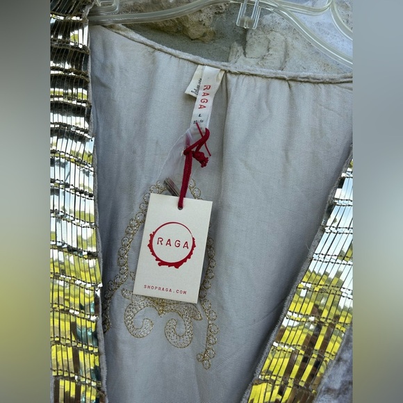 RAGA Crushed Velvet Maxi Dress Size L Champagne Gold Bohemian Gypsy Embellished - Picture 4 of 7